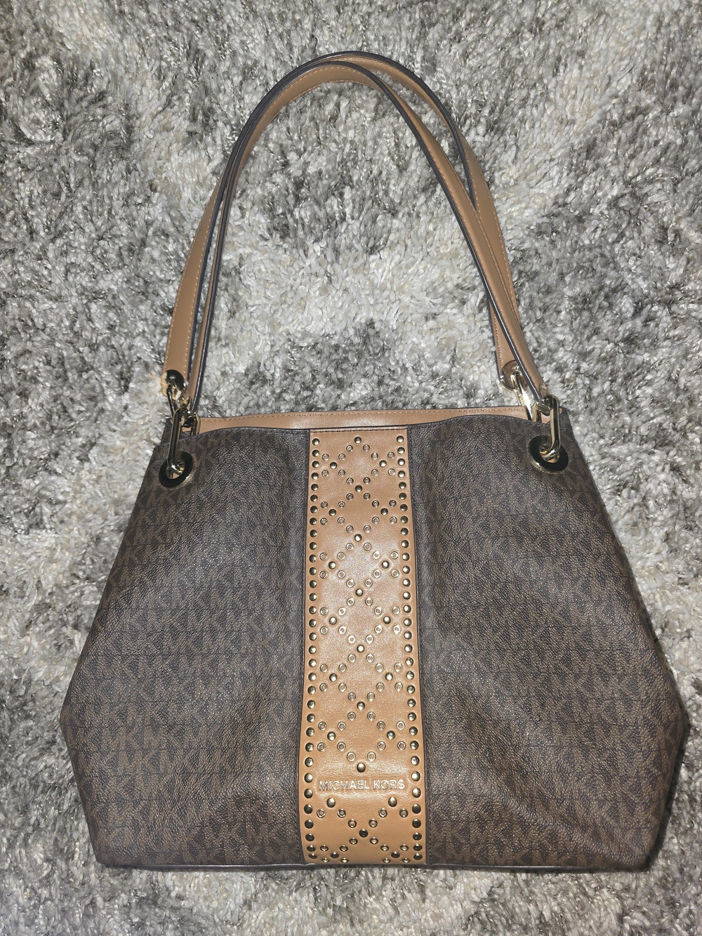 Michael Kors Raven Logo Signature Large Leather Shoulder Tote Bag Brown
